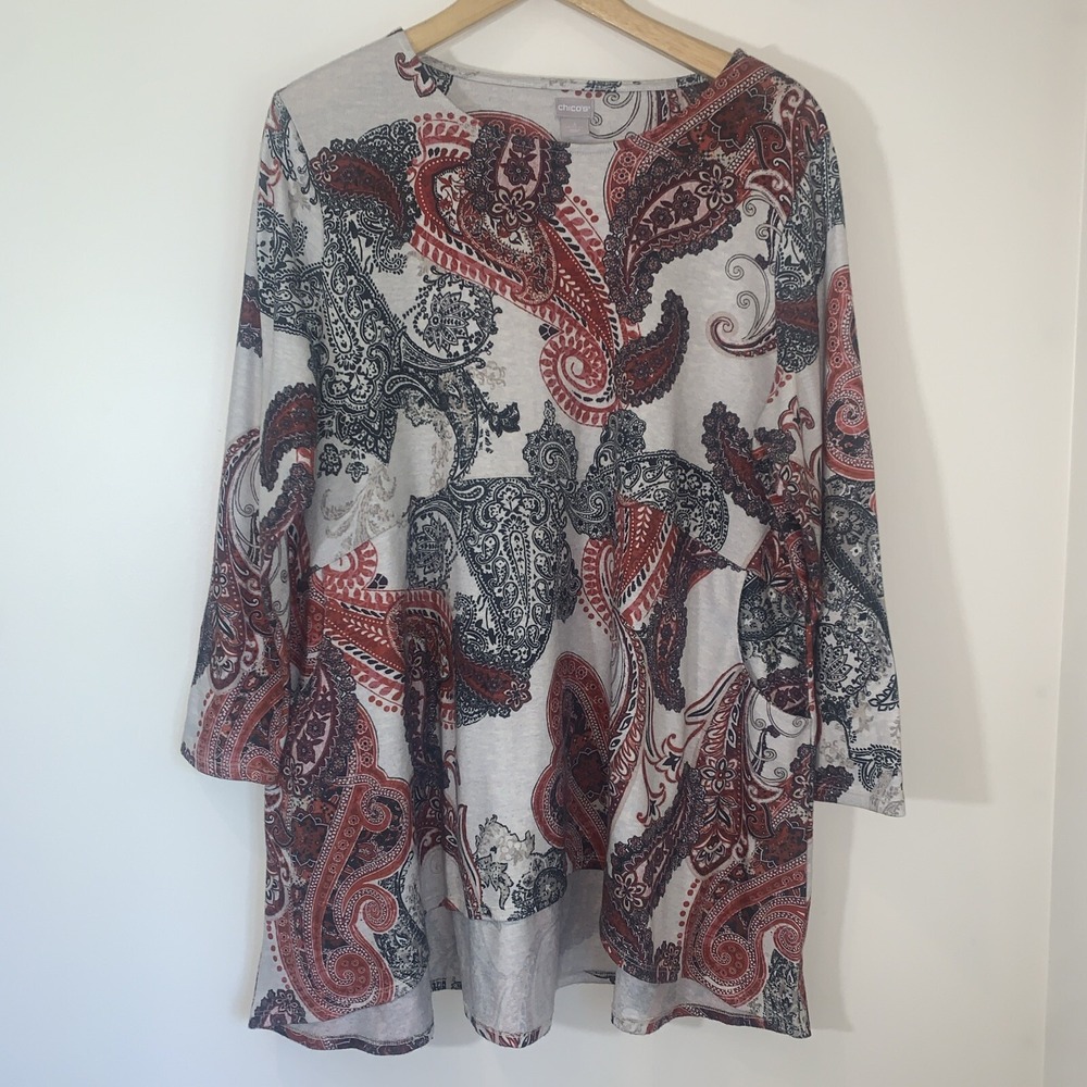 Chicos Top Womens 4 Tan Paisley Pullover Tunic Slouchy‎ Lagenlook Boho Knit